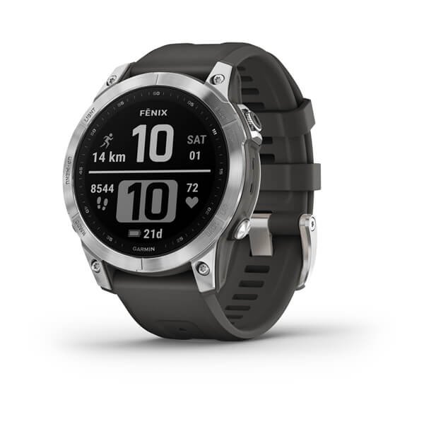 Мультиспорт.часы Garmin Fenix 7, серебристые с графитовым силиконовым ремешком (010-02540-01)