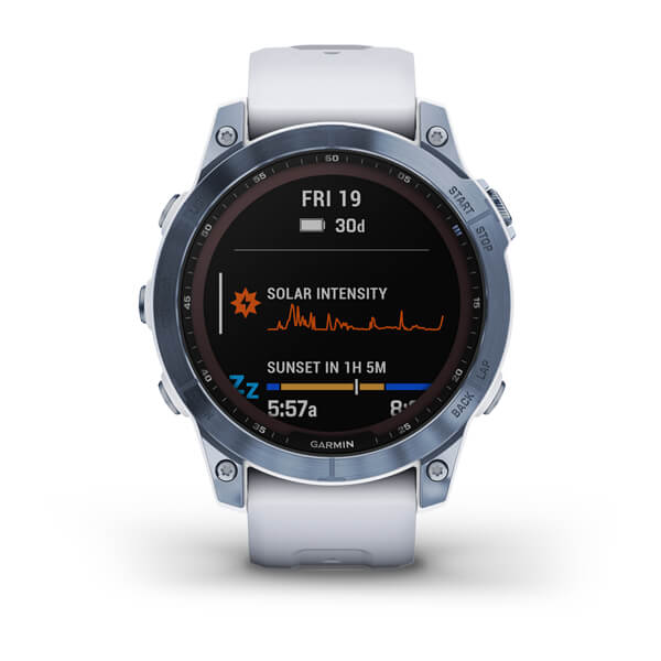 Мультиспорт.часы Garmin Fenix 7 Sapphire Solar, DLC-покрытие,синие с белым ремешком (010-02540-25)