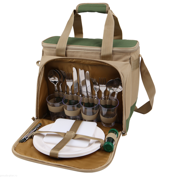 Сумка-холодильник Арктика с набором посуды 4100-4 пикниковый набор (4 чел), зелёный с рисунком